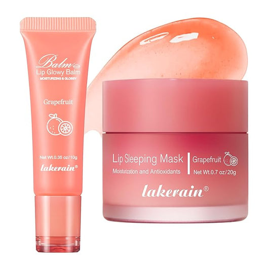 2Pcs Lip Glowy Balm and Lip Sleeping Mask Set, with 4 Flavor Options - Reduce Lip Lines, Enhance Lip Color, Hydrate & Plump Dry Chapped Lips Care (Grapefruit)