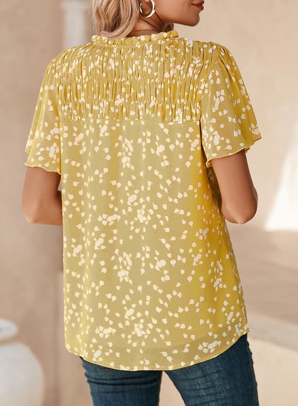 SHEWIN Women's Casual V Neck Floral Print Smocked Short Sleeve Chiffon Blouses Bohemian Top Shirts