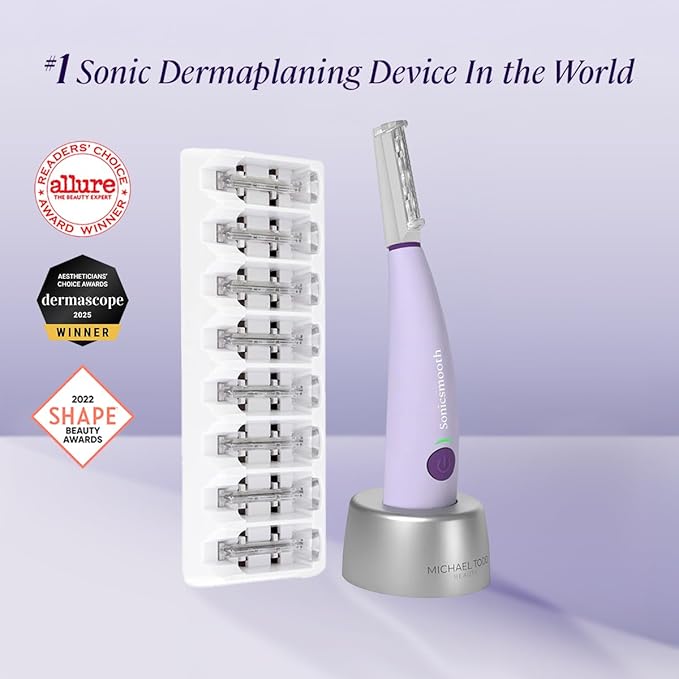 Michael Todd Beauty Sonicsmooth Dermaplane Razor for Women Face + Eyebrow trimmer Dermaplaning System - Peach Fuzz Remover - 8 Weeks of Dermaplaning Blades