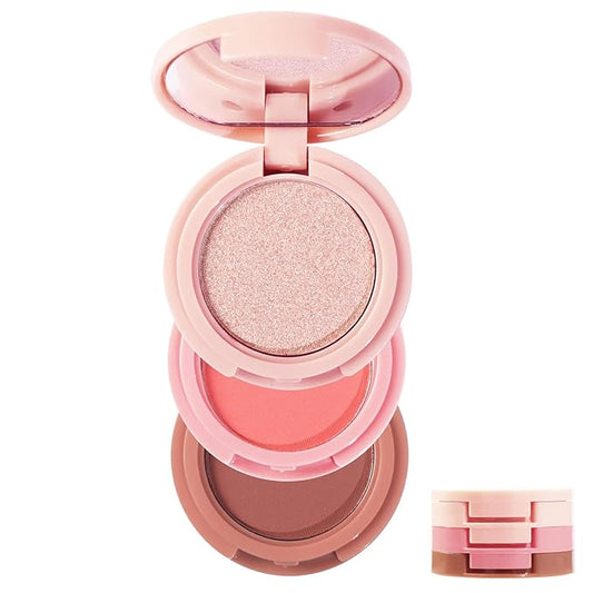 3-in-1 Blendable Trio, Contour and Highlight Blush Makeup Palette, Cream Bronzer, Silky Smooth Powder Blush, Shimmer Highlighter Makeup Powder, Pink Brown Eyeshadow Palette with Mirror(03)