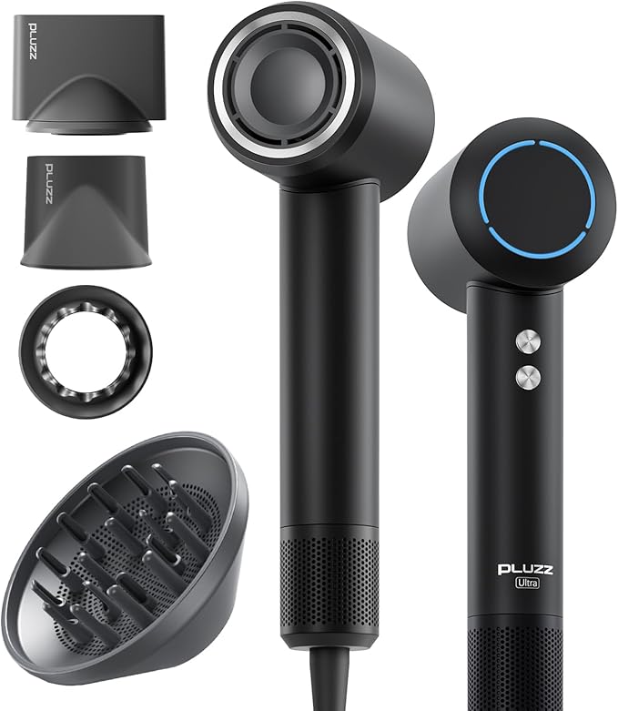 PLUZZ Professional Hair Dryer with Diffuser for Curly Hair, 400M Negative Ionic Blow Dryer for Fast Drying, 120,000 RPM High-Speed Brushless Motor, Low Noise Lightweight, Travel-Friendly, Women & Men
