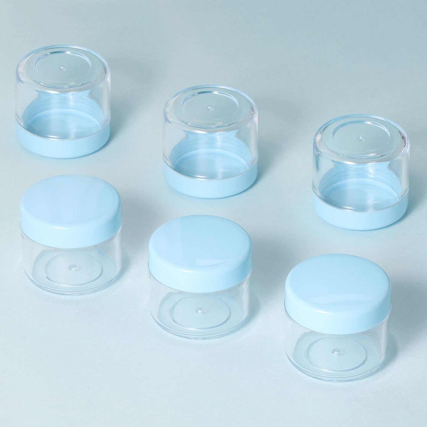 Refillable Cosmetic Sample Jars - 100 Pack 20g (0.7oz) Blue Small Travel Containers with Lids + 10 Mini Makeup Spatulas - BPA Free