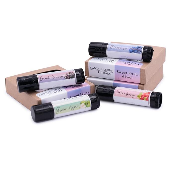 Lip Balm Sweet Fruits 4-Pack, Strawberry Blueberry Black Cherry Green Apple, Natural Beeswax, Moisturizing Lip Treatment, 4 Tubes, 0.15 oz., White