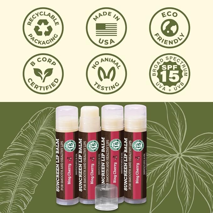 SPF Lip Balm 4-Pack by Earth's Daughter - Lip Sunscreen, SPF 15, Organic Ingredients, Cherry Flavor, Beeswax, Coconut Oil, Vitamin E - Hypoallergenic, Paraben Free, Gluten Free