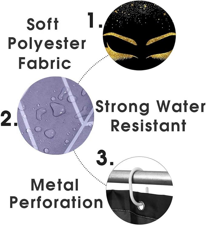 4PCS Unicorn Eyelash Shower Curtain Set, Luxury Gold Glitter Eyebrow Makeup Confetti Hello Gorgeous Glam Modern Fashion Black Women Bathroom Decor, Non-slip Bath Mat Toilet Rug, Gold Eyelash