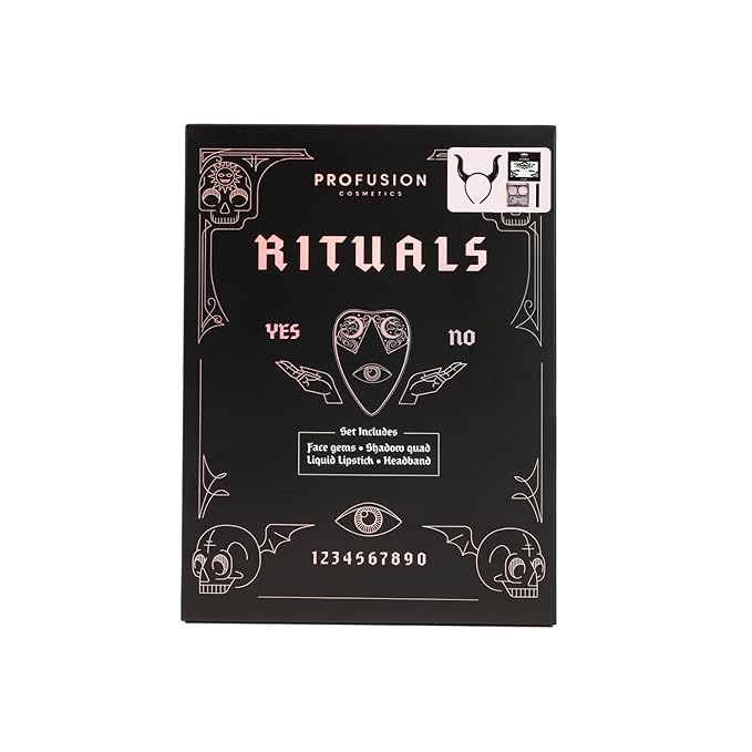 Profusion Cosmetics Rituals 4 PC Look Kit Includes Face Gems, Shadow and Glitter Quad, and Eyeshadow Brush, Along With Somber Matte Black Liquid Lipstick, Magical Beauty for Fairy Witches