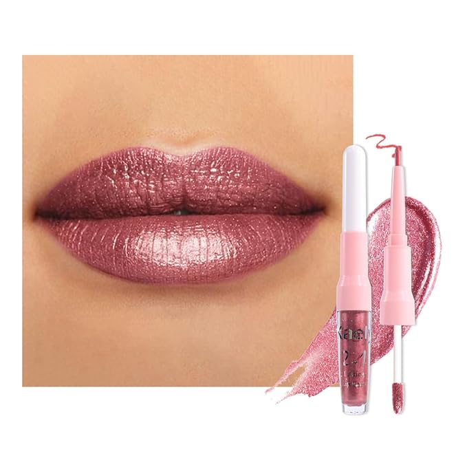 evpct Mauve Pink Metallic Glitter Lip Liner and Lipstick Combo Lip Gloss Stain Set Makeup for Women Long Lasting Waterproof 24, Dusty Rose Metallic Shimmer Frosted Iridescent Glossy Liquid Lipstick 16