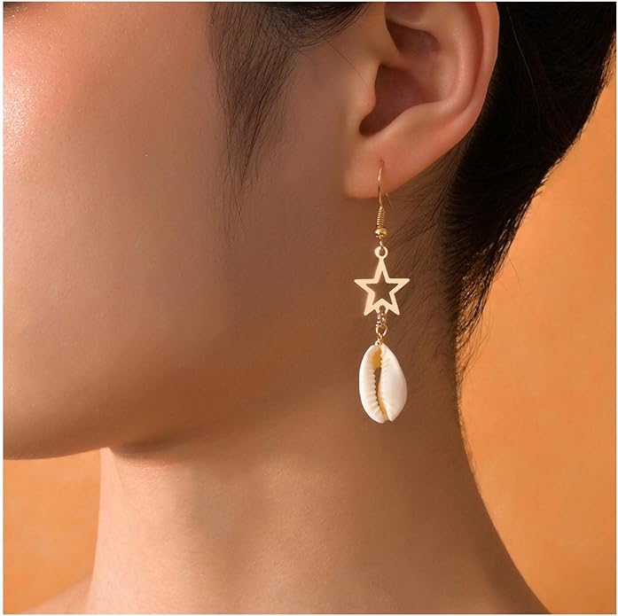 Vintage Cowrie Drop Earrings Puka Shell Dangle Earrings Gold Star Dangling Earrings Hollow Star Earrings Jewelry for Women