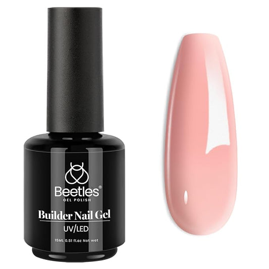 Beetles Builder Gel 15ML, 7 in 1 Builder Strengthener Gel Translucent Pink Nude Gel Nail Extension Brush in Bottle UV Gel Nail Polish, No Slip Solution Need Base Gel Needed