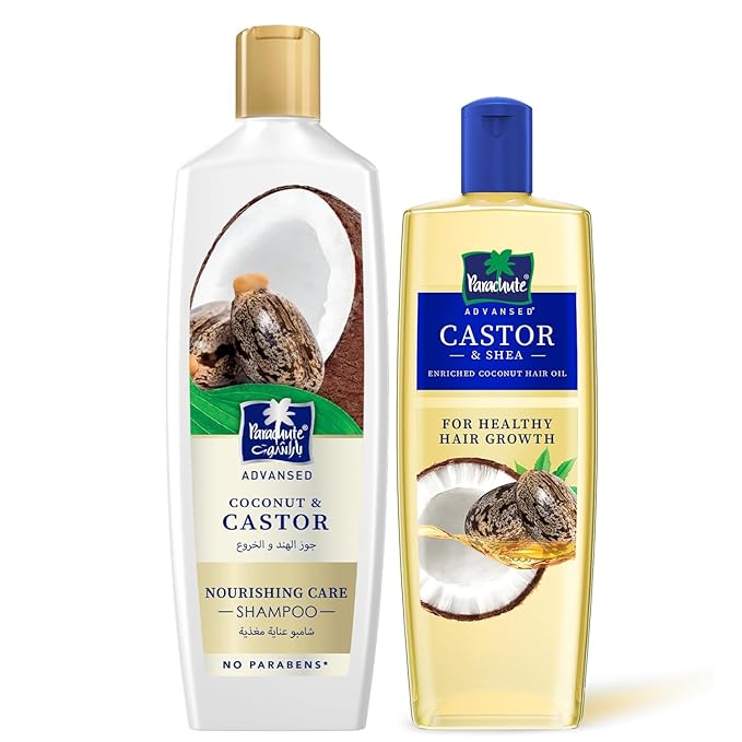 Parachute Advansed Shea Castor oil shampoo for hair growth | Deep Nourishment & Hair Strength Solution | Pack of 2 | 10.1 Fl oz + 11.4 Fl oz