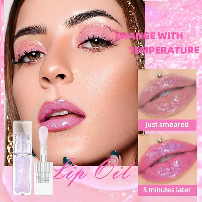 Magic Color Changing Moisturizing Lip Glow Oil + Plumping Lipstick, Hydrating Lip Gloss Balm, Transparent Lip Care, Non-Sticky Fresh Texture Lip Oil (Clear to Pink)