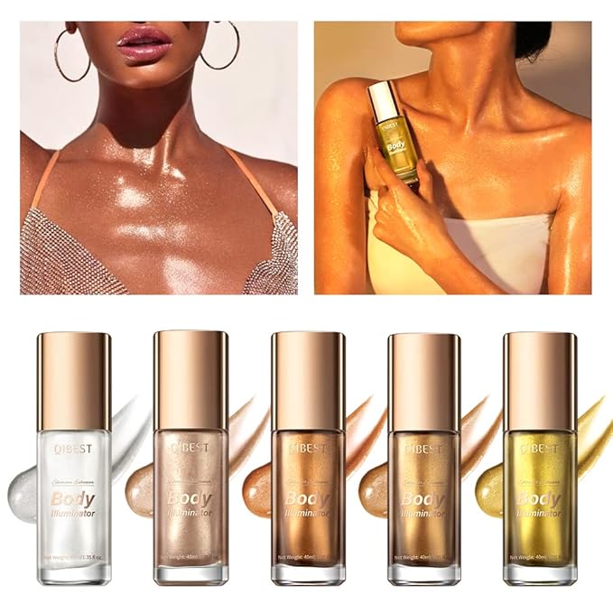 40ml Body Shimmer Oil,Liquid Body Illuminator, Waterproof Moisturizing And Glow For Face & Body, All-In-One Makeup Liquid Illuminator, Summer Body Luminizer,Makeup Brush Include(01#Silver)