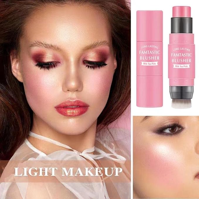 Cream Blush Stick with Brush,Waterproof Multi Cream Makeup Stick,Lightweight,Long-lasting,2 in 1 Multi Blush for Cheeks & Lip Tint & Eyeshadow Makeup(#01 Milk Tea Pink)