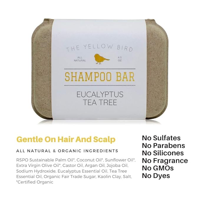 The Yellow Bird Eucalyptus Tea Tree Shampoo Bar. All Natural & Organic Ingredients. Sulfate Free, Detergent Free, Color Safe, and Silicone Free. Vegan, Plastic Free, Zero Waste Shampoo Soap