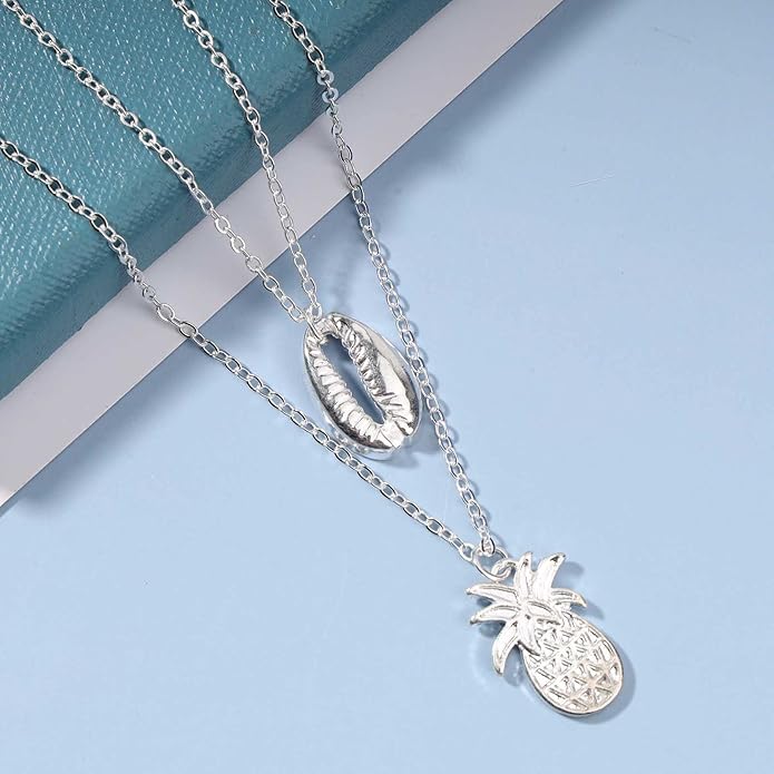 Boho Layered Shell Pineapple Choker Necklace Silver Seashell Pendant Necklace Vintage Cowrie Shell Necklace Beach Charm Necklace Jewelry for Women Gifts