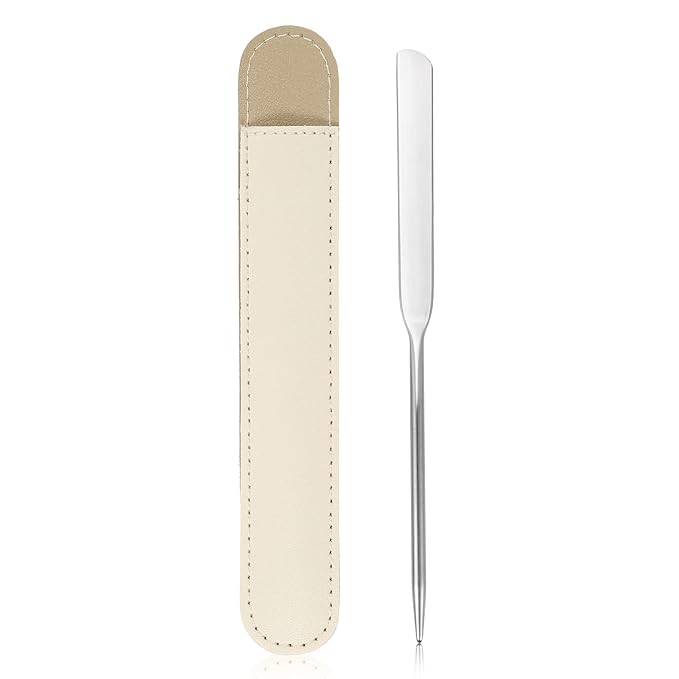VOCOSTE 1 Set Stainless Steel Makeup Spatula, Liquid Foundation Spatula Tool with Faux Leather Case, Lipstick Nail Polish Mixing Palette Spatula, Beige
