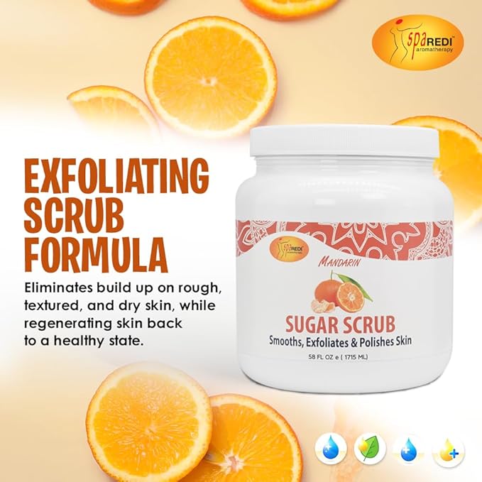 SPA REDI Sugar Scrub - Exfoliating, Moisturizing, Hydrating and Nourishing, Glow, Polish, Smooth and Fresh Skin - Body Exfoliator, Mandarin - 58 Oz