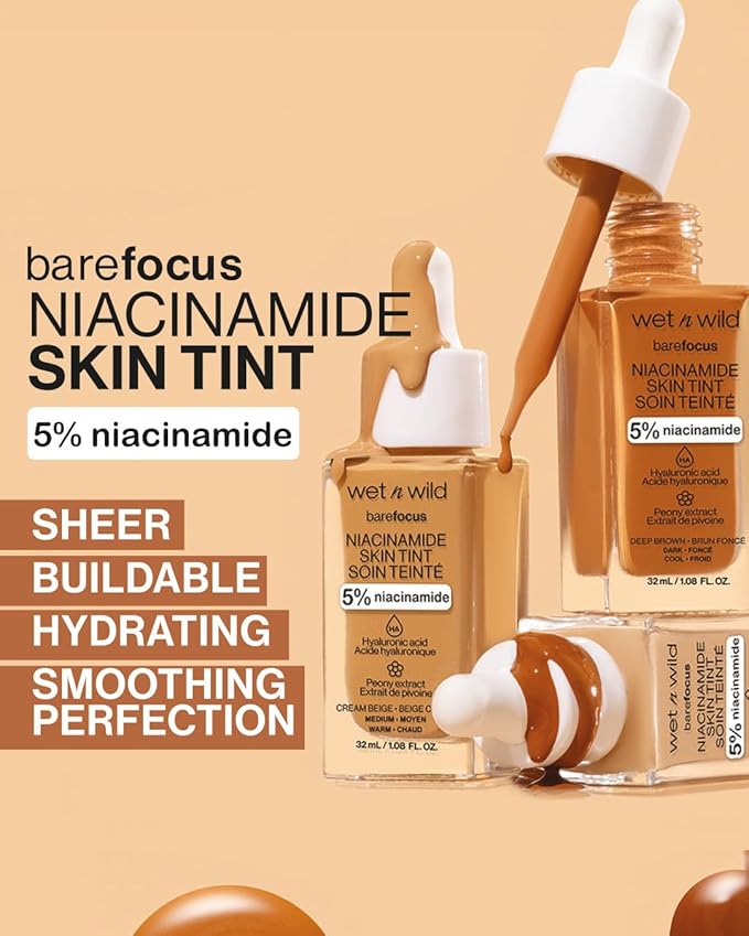 wet n wild Bare Focus Skin Tint, 5% Niacinamide Enriched, Buildable Sheer Lightweight Coverage, Natural Radiant Finish, Hyaluronic & Vitamin Hydration Boost, Cruelty-Free & Vegan - Amber Beige