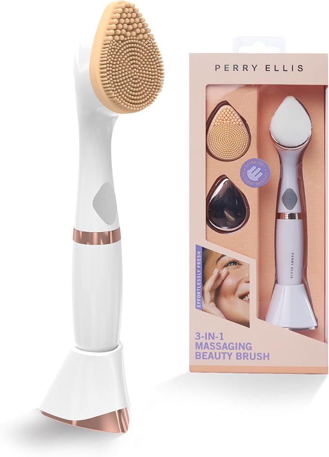 Perry Ellis 3-in-1 Beauty Brush with Silicone Face Cleanser, Makeup Applicator, and Metallic Eye-Massaging Plate, IPX6 Water-Resistant Electric Skincare Accessory with 3 Vibrating Modes and Stand
