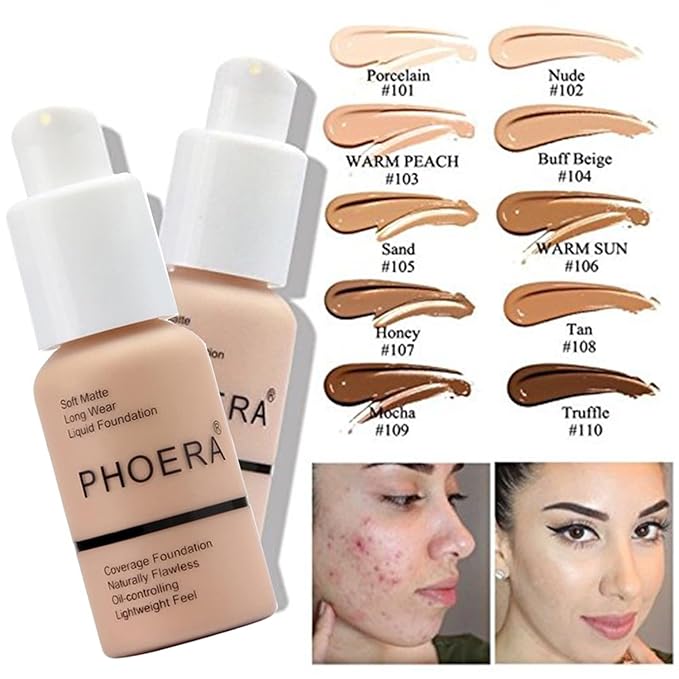 PHOERA Foundation Full Coverage Makeup, Mushroom Head Air Cushion CC Cream Natural Foundation, PHOERA Primer, PHOERA Powder, Brushes Foundation Brush,2 Makeup Spong (104 Buff Beige + 04Buff Beige CC)
