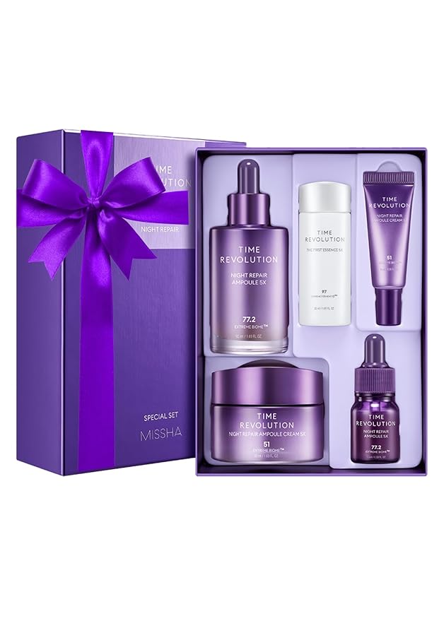 MISSHA Time Revolution Night Repair 5X Gift Set Night Repair Ampoule and Cream 5X, The First Essence 5X for Youthful, Glowing Skin