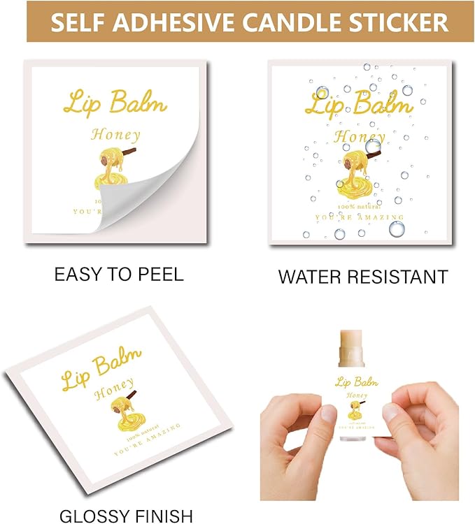 CRASPIRE 80Pcs 8 Styles Labels for Lip Balm Coated Paper Paster Honey Fruit Square Tubes Lip Balm Labels Stickers Natural Homemade Self-adhesive Stickers Logo for Containers Cosmetics Lipsticks