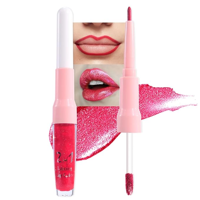 evpct Crushed Ruby Red Metallic Glitter Lip Liner and Lipstick Combo Lip Gloss Stain Set Makeup for Women Long Lasting Waterproof 24, Red Frosted Metallic Shimmer Glossy iridescent Liquid Lipstick 18