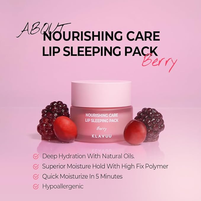 Klavuu Nourishing Care Lip Sleeping Pack - Lip Mask for Exfoliating & Nourishing Lip Treatment Balm for Dry Lips - Natural Moisturizing Lip Oil with - Lip Balm to Repair & Protect Lips 0.7oz (Berry)