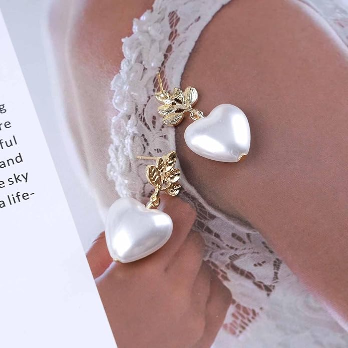 Vintage Pearl Heart Dangle Earrings Heart Pearl Drop Earrings Gold Leaf Stud Earrings Heart Love Earrings Jewelry for Women