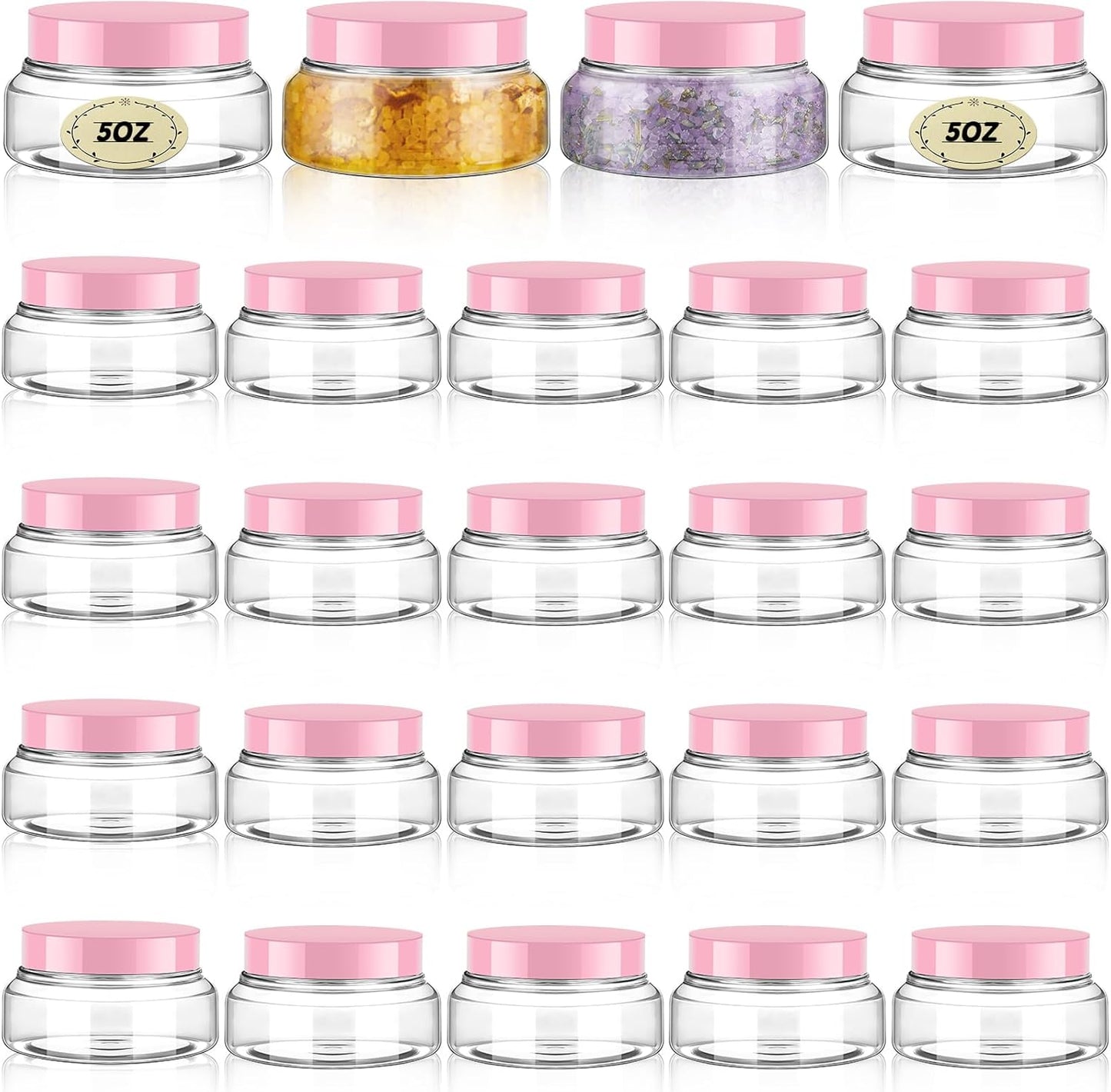 Tessco 24 Pack Plastic Jars with Lids Labels Empty Clear Plastic Jars Round Refillable Cosmetic Containers Body Butter Containers Bulk Sugar Scrub Bottle for Make Up(5 oz,Clear, Pink)