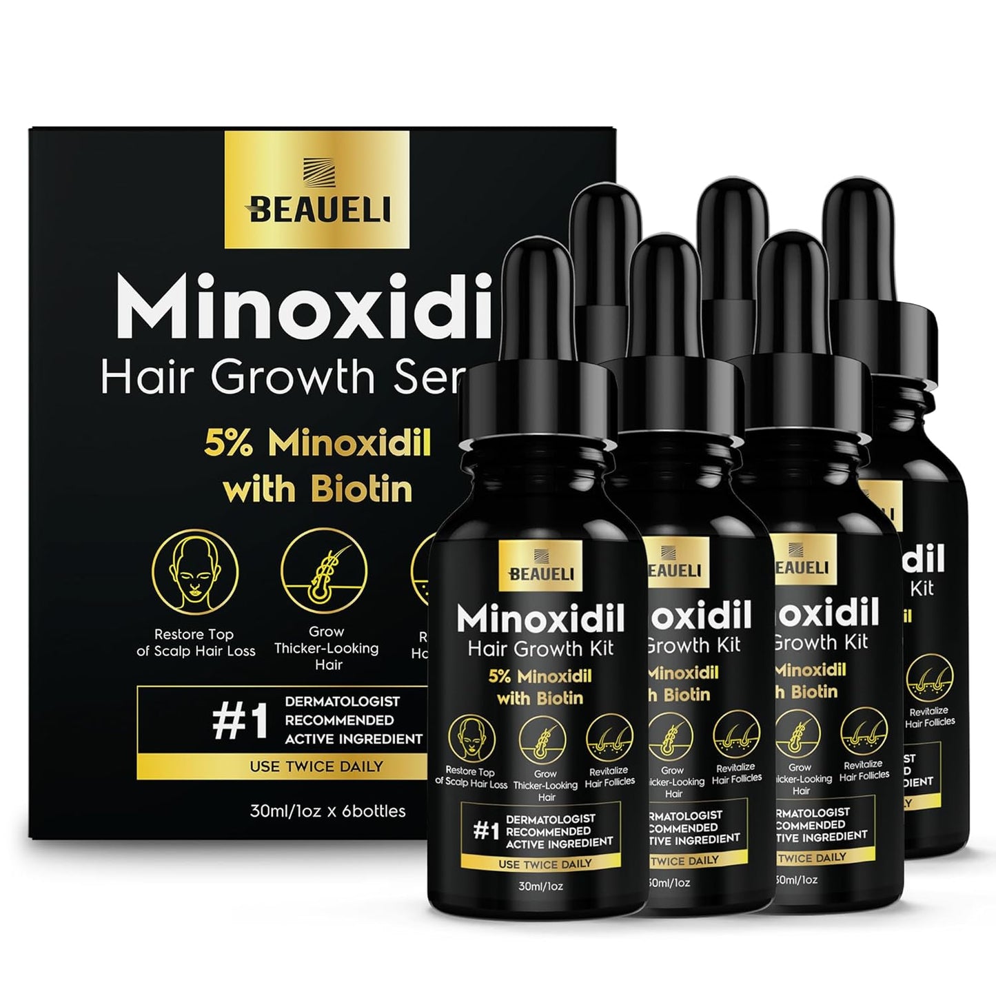 5% Minoxidil Hair Growth for Men and Women: Extra Strength Minoxidil Beard Regrowth Treatment Serum with Biotin for Thinning Hair Loss to Grow Thicker Fuller 30ml 6 Bottles