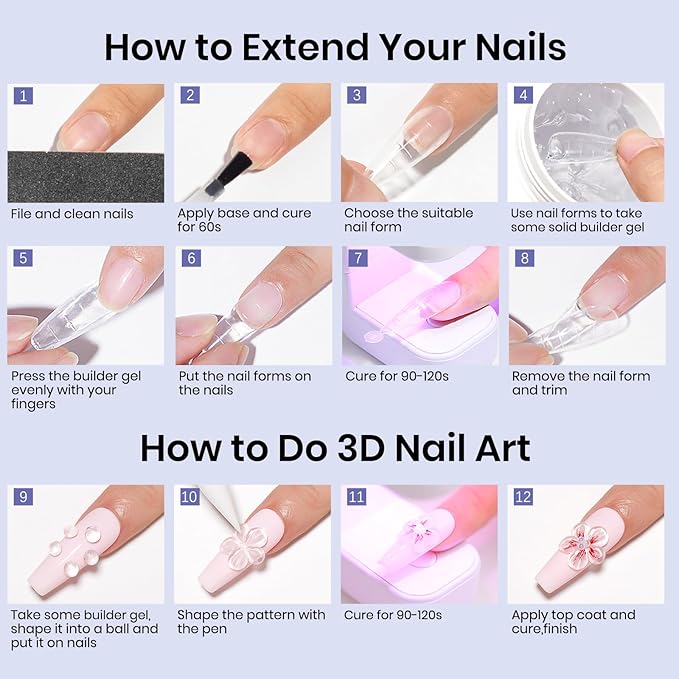 MIZHSE Solid Builder Gel Nail Kit with Nail Lamp, 3 Colors Builder Gel Clear Milky White Nude Hard Sculpting 3D Art U V LED Gels with Dual Form