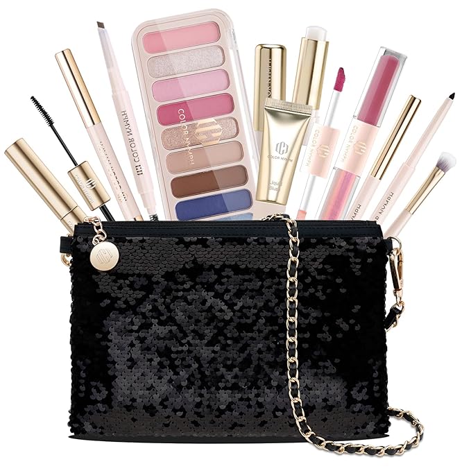 Color Nymph Teen Girls Makeup Kits, Makeup Set For Girls With Sequin Bag All In One Makeup Kit For Women Packed Individually 9 Colors Eyeshadow Palette Liquid Blush Lip gloss Mascara -Pink Blue