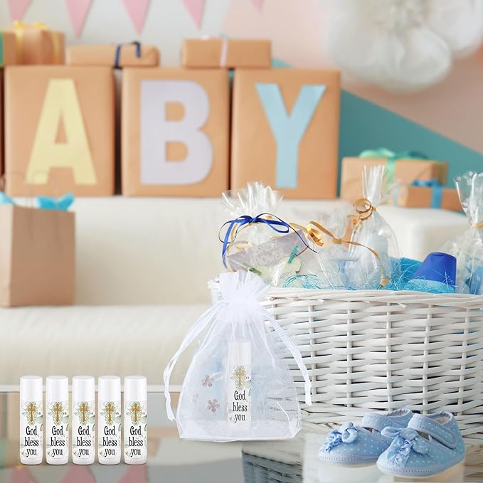 Demissle 50 Pcs Baby Shower Lip Balm Gift Set with 100 Pcs Organza Bags Baby Shower Party Favor for Guest Thank You Tag Rope Baby Shower Party Decoration Gender Reveal Souvenirs (God Bless You)