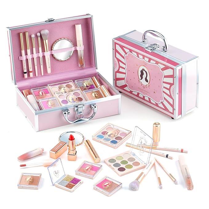 Color Nymph Girls Makeup Kits For Teens, Beginners Makeup Kit All In One Makeup Set For Teenager Full Kit Girls Makeup Kit With Train Case 18 color eyeshadow 4 color glitter & lipgloss - Pink