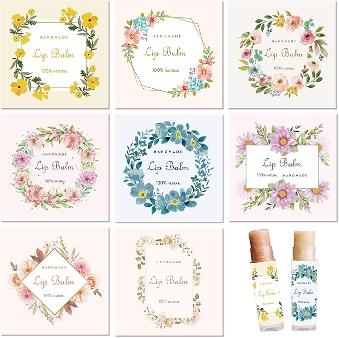 CRASPIRE 80Pcs 8 Styles Lip Balm Sticker Flower Wreath Plants Self-Adhesive Homemade Lip Balm Labels Floral Patter Square DIY Label Stickers for Lip Balm Containers Cosmetics Lipsticks