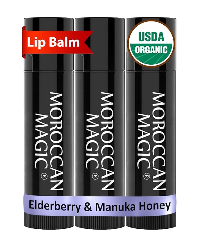Moroccan Magic Organic Elderberry & Manuka Honey Lip Balm 3 Pack | Ultra-Hydrating Argan Oil Lip Moisturizer + Vitamin E | Natural Chapstick for Dry Lips | Smooth, Non-Toxic | Organic Lip Balm