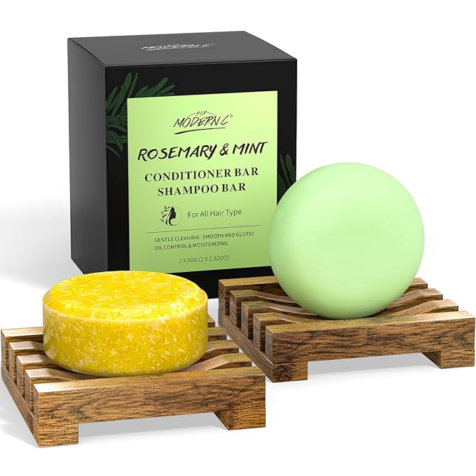 POP MODERN.C Rosemary Solid Shampoo and Conditioner Bar Set for Hair Growth, Moisturizing, 160g, 2.8219 Ounce, 2x80g Soaps, 2 Wooden Holder, Mother's Day Gift