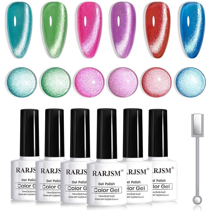 RARJSM Neon Diamond Cat Eye Gel Nail Polish Set 6 Colors Velvet Silver Glitter Bright Green Lake Blue Red Rose Purple Gel Polish with Magnet Stick UV LED Curing Requires Soak Off Home Salon Diy