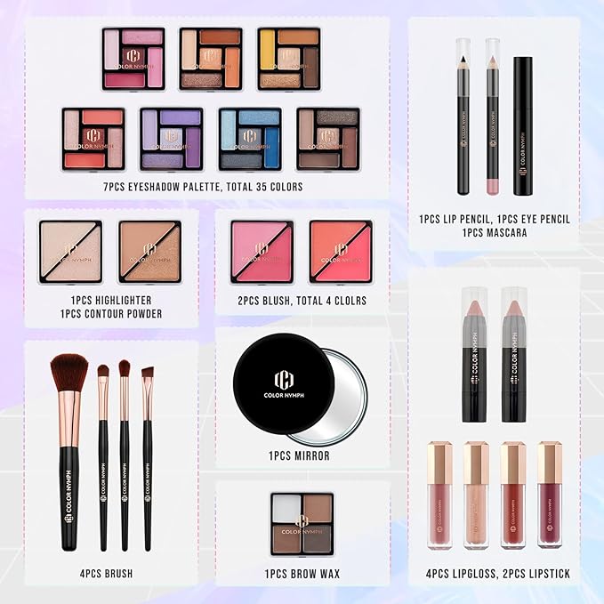 Color Nymph Makeup Kit For Women, Girls Makeup Set For Teens Professional Make Up Kits With Travel Case Full Cosmetics Kit w/ 35 Colors Eyeshadows Lipstick Blush Brushes Lipgloss Mascara