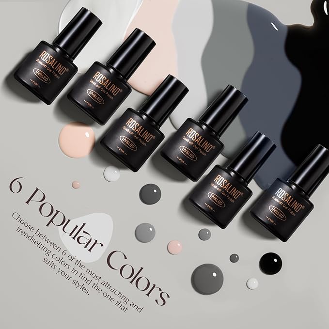 ROSALIND White Black Gel Nail Polish Set with Matte and Glitter Top Coat, 6 Colors Black Milky White Neutral Nude Grey Gel Nail Polish Soak Off Gel Nail art