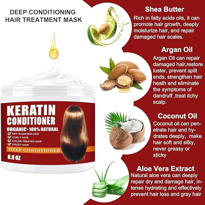 Keratin Hair Mask,Keratin Hair Treatment 250g Hair Mask for Dry Damaged Hair,Hair Treatment Mask Deep Repair Damage Hair Root,Natural Deep Conditioner Hydrating Hair Masque