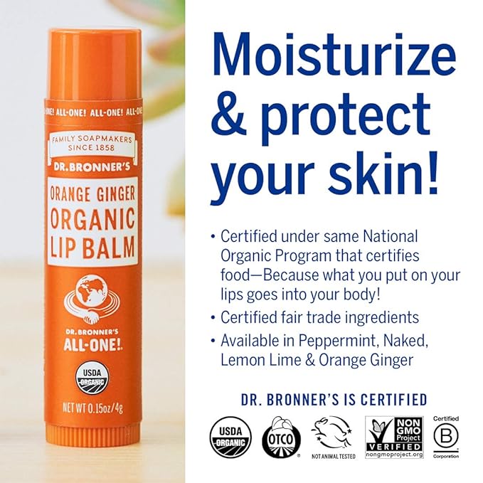 Dr. Bronner's - Organic Lip Balm Variety Peppermint, Orange Ginger, Naked, Lemon Lime) - Made with Organic Beeswax and Avocado Oil, For Dry Lips, Hands, Chin or Cheeks, 0.15 Ounce (Pack of 4)
