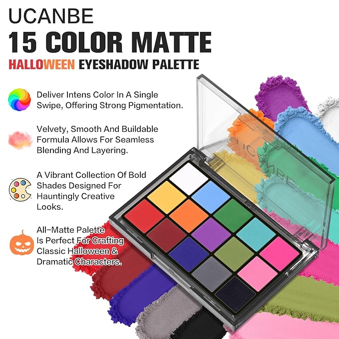 UCANBE Halloween Makeup Palette, 15 Colors Matte Black White Red Blue Green Purple Pink Eye Shadow, High Pigmented Blendable Bright & Dark Shade Pallet for Cosplay SFX Costume Stage Parties