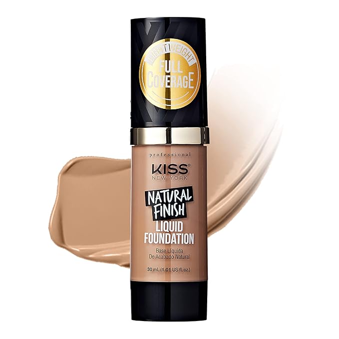 Kiss New York Professional Liquid Foundation - Lightweight and Hydrating Formula, Natural Finish, Control Shine, Cover Pores, Medium to Full Coverage, Green Tea Extract (Sun Beige)