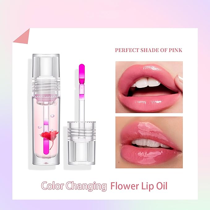Flower Lip Oil, Hydrating Lip Glow Oil, Plumping Lip Oil, Non-Sticky Long Lasting Lip Oil Gloss, Transparent Lip Oil Tinted, Lip Plumper Gloss, Moisturize your lips and Reduce lip lines (03)