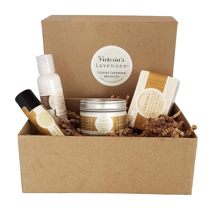 Victoria's Lavender Natural Body Products Gift Set - Handmade Soap, Hand & Body Lotion, Lip Balm, Body Candle Skin Care Sets & Kits, Lavender Bath and Body Products for Women, Vanilla Lavender