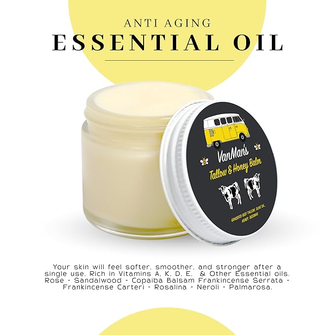 Vanman's Tallow and Honey Balm With No Added Scent - Beef Tallow Face Moisturizer with Grass-Fed/Finished Beef Tallow for Skin, Organic Raw Honey and Beeswax, Cold Pressed Olive Oil - 2.5 oz