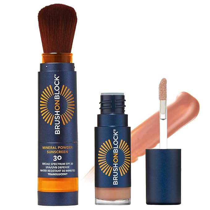 Brush On Block Full Face Sun Protection Kit, Translucent Mineral Powdered Sunscreen & Protective Lip Oil SPF 30, Reef Friendly, FSA HSA Eligible
