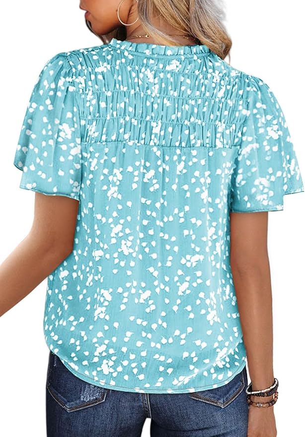 SHEWIN Women's Casual V Neck Floral Print Smocked Short Sleeve Chiffon Blouses Bohemian Top Shirts